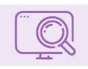 紫色の線画で描かれた、パソコン画面と虫眼鏡を組み合わせた検索・調査を意味するアイコン