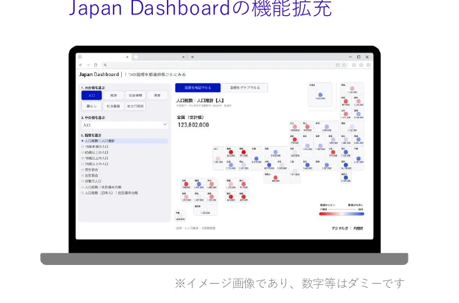 Japan Dashboardの機能拡張を示すスクリーンショット。人口統計データが都道府県別に表示されている。