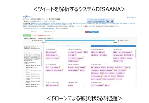 ツイートを解析するシステムDISAANAのスクリーンショット。災害時の情報収集・分析システムで、キーワードの出現頻度を可視化している。
