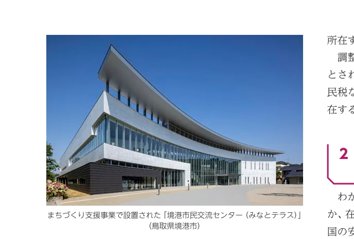 青空の下、モダンなデザインの公共施設「境港市民交流センター（みなとテラス）」の外観写真。