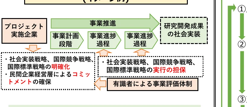 プロジェクト実施から研究開発成果の社会実装までのプロセスを示すフロー図