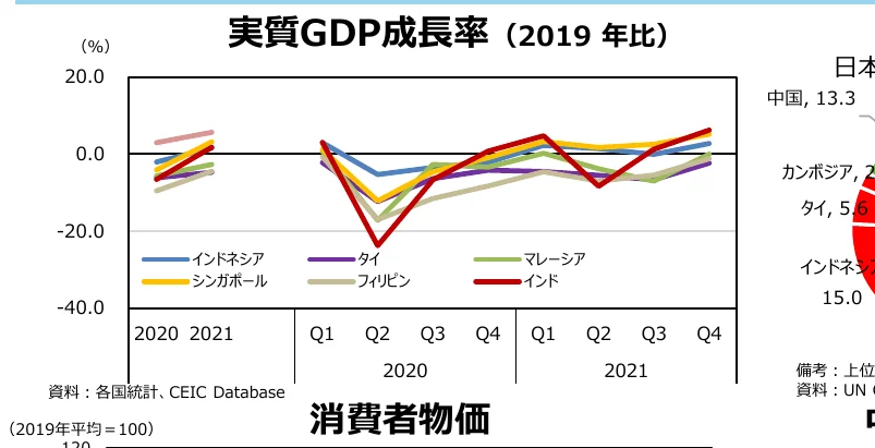 実質GDP成長率の折れ線グラフと、消費者物価の円グラフ