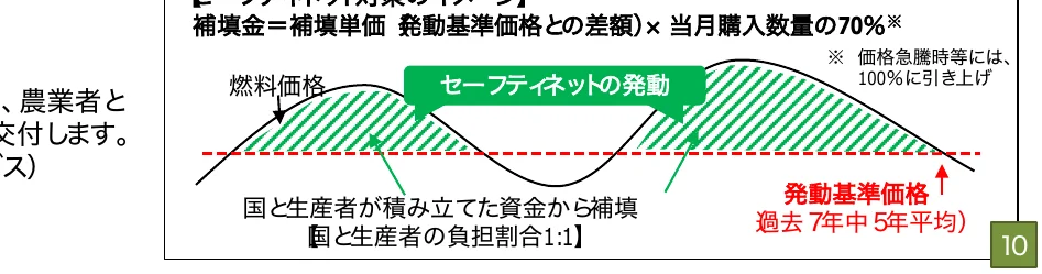 補填金の計算方法とセーフティネットの発動イメージを示す概念図。