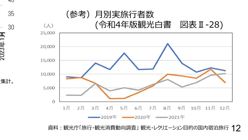 月別旅行者数の折れ線グラフ（2019年、2020年、2021年）