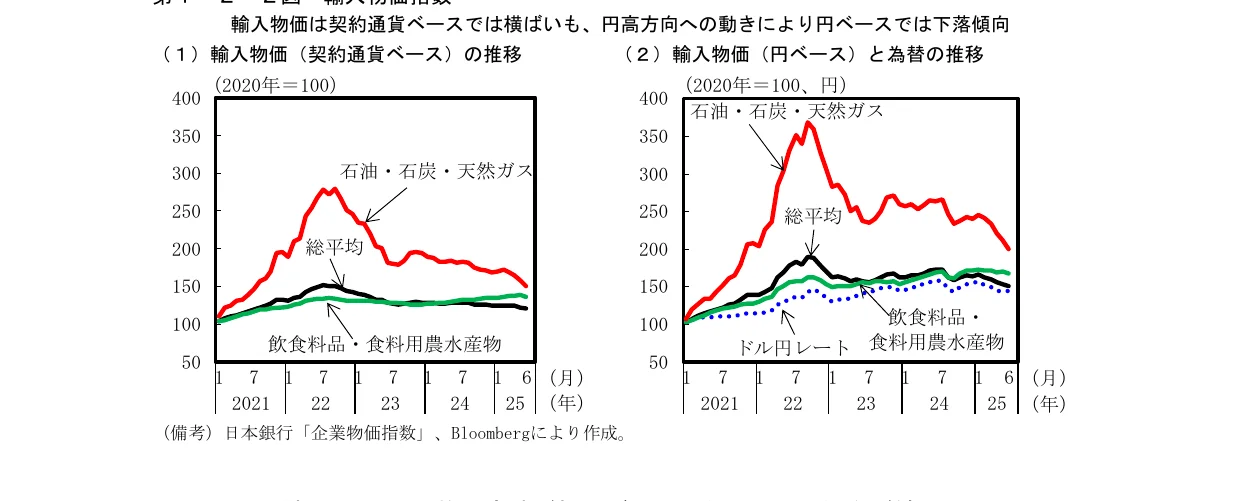 輸入物価（契約通貨ベースおよび円ベース）と為替の推移を示す2つの折れ線グラフ。2021年から2025年までの石油・石炭・天然ガス、総平均、飲食料品・食料用農水産物、ドル円レートの推移が描かれています。
