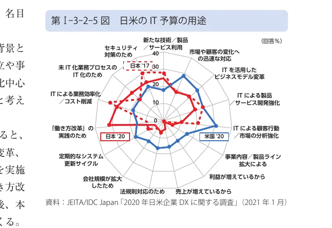 日米のIT予算の用途を比較したレーダーチャート（スパイダーチャート）