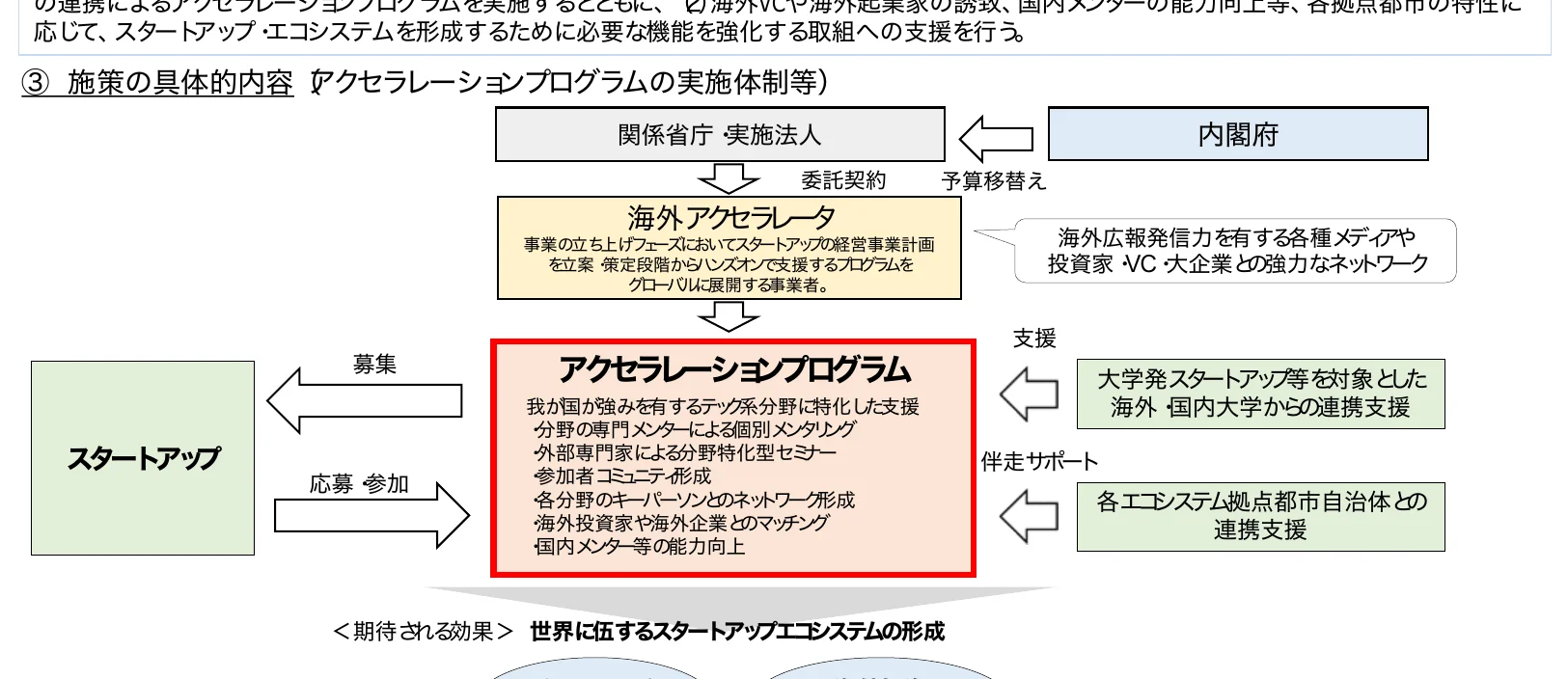 アクセラレーションプログラムの実施体制と、スタートアップエコシステムの形成に向けた具体的な施策内容を示すフロー図。