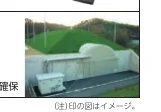 ゴルフ練習場と思われる場所の写真。人工芝のグリーンと、その手前に白い建物が見える。