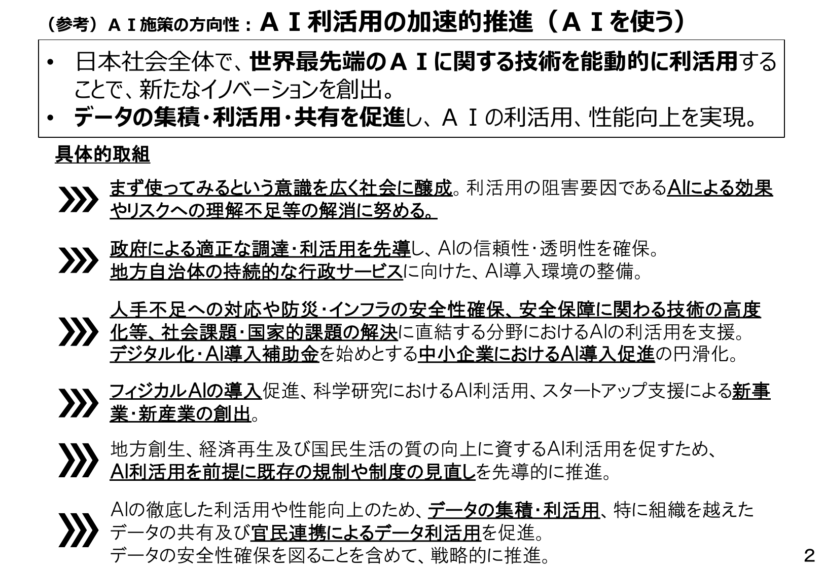 AI施策の方向性：AI利活用 の加速的推進（AIを使う）