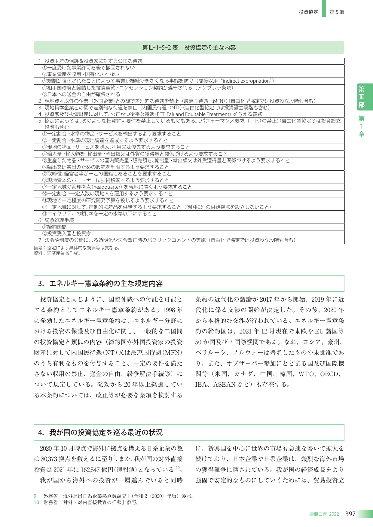 第III-1-5-2表 投資協定の主な内容