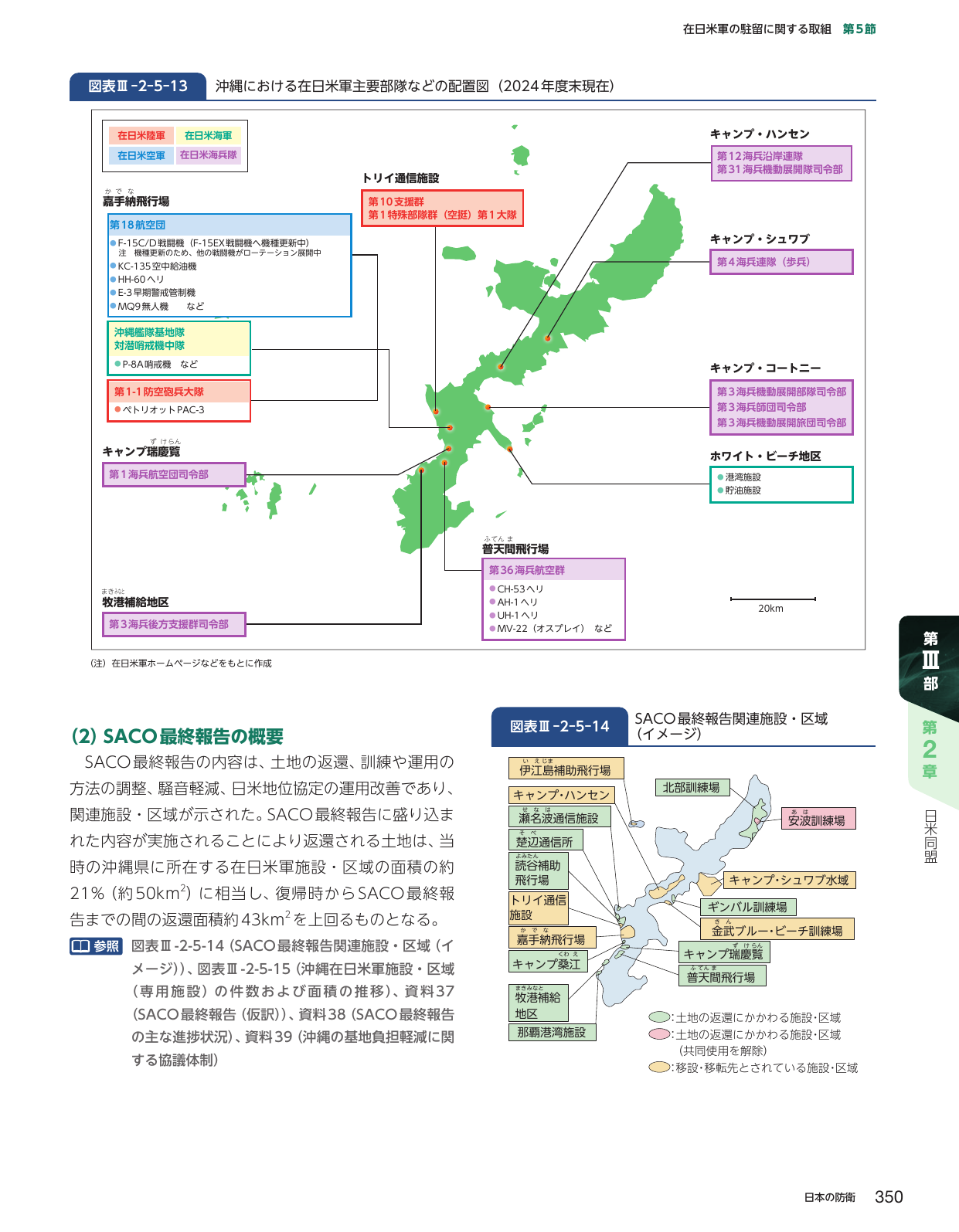 沖縄における在日米軍主要部隊などの配置図およびSACO最終報告の概要